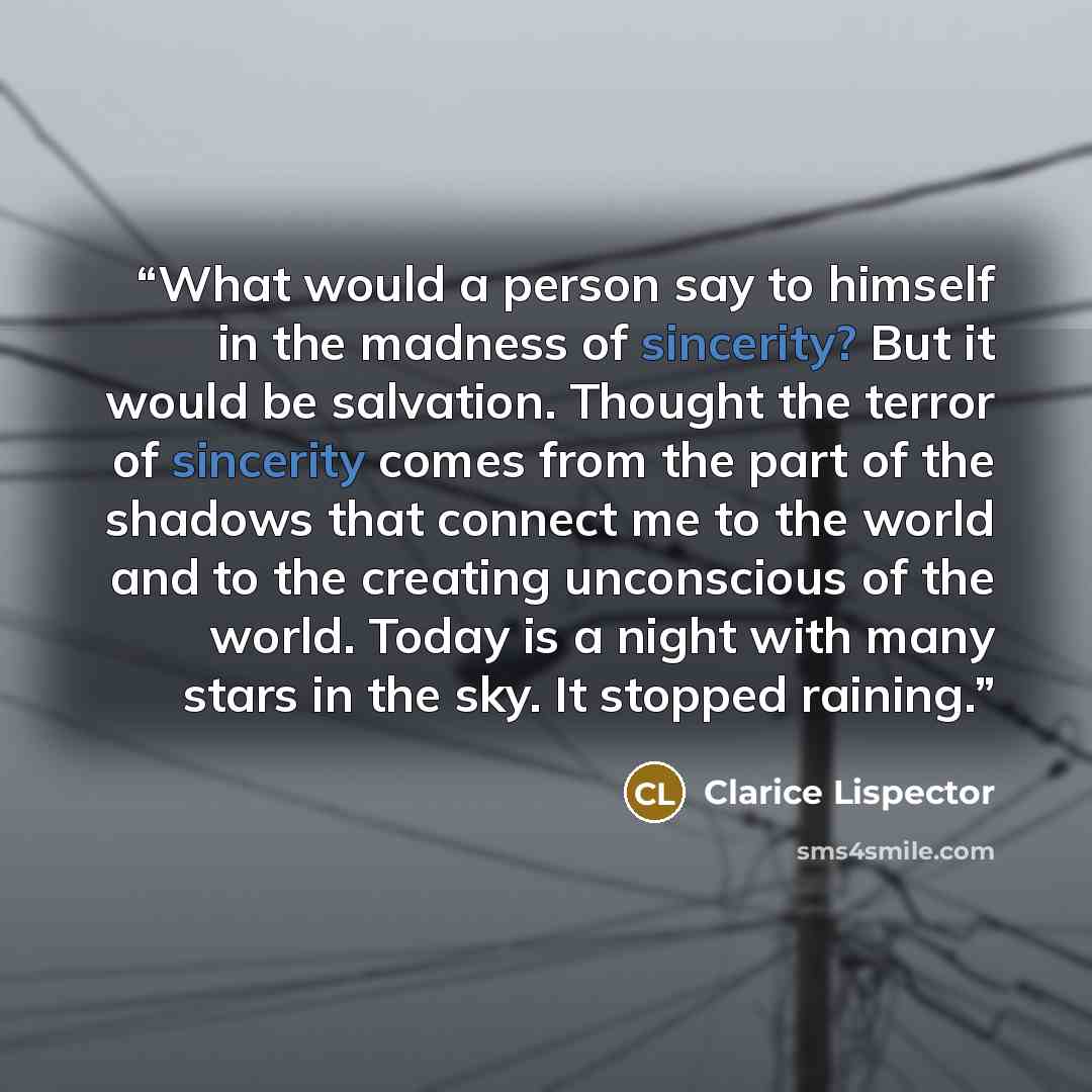 “What would a person say to himself in the madness of sincerity? But it would be salvation. Thought the terror of sincerity comes from the part of the shadows that connect me to the world and to the creating unconscious of the world. Today is a night with many stars in the sky. It stopped raining.” quote by Clarice Lispector