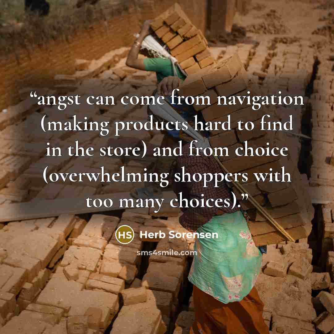 “angst can come from navigation (making products hard to find in the store) and from choice (overwhelming shoppers with too many choices).” quote by Herb Sorensen