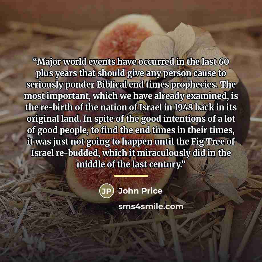 “Major world events have occurred in the last 60 plus years that should give any person cause to seriously ponder Biblical end times prophecies. The most important, which we have already examined, is the re-birth of the nation of Israel in 1948 back in its original land. In spite of the good…” quote by John Price