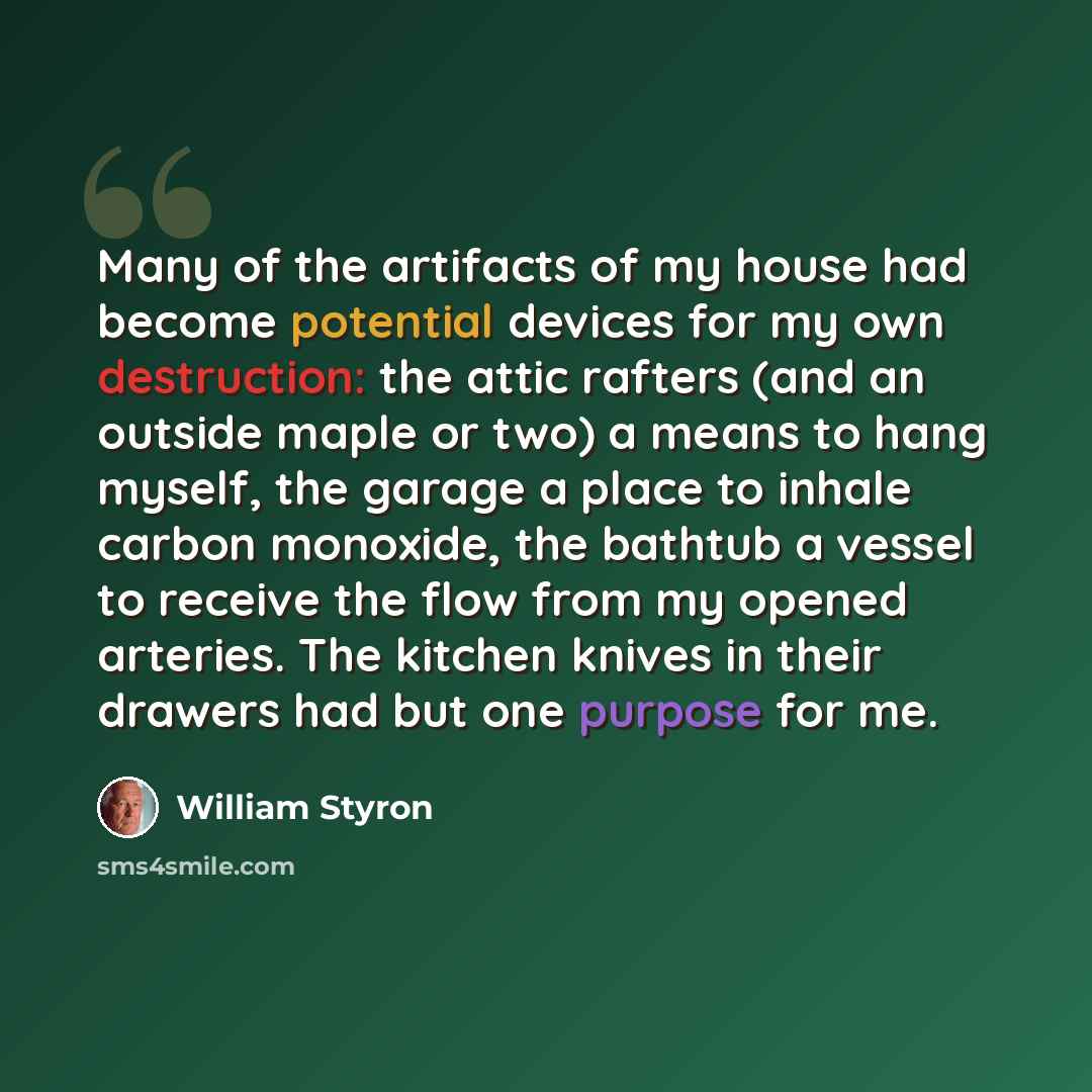 “Many of the artifacts of my house had become potential devices for my own destruction: the attic rafters (and an outside maple or two) a means to hang myself, the garage a place to inhale carbon monoxide, the bathtub a vessel to receive the flow from my opened arteries. The kitchen knives in their…” quote by William Styron