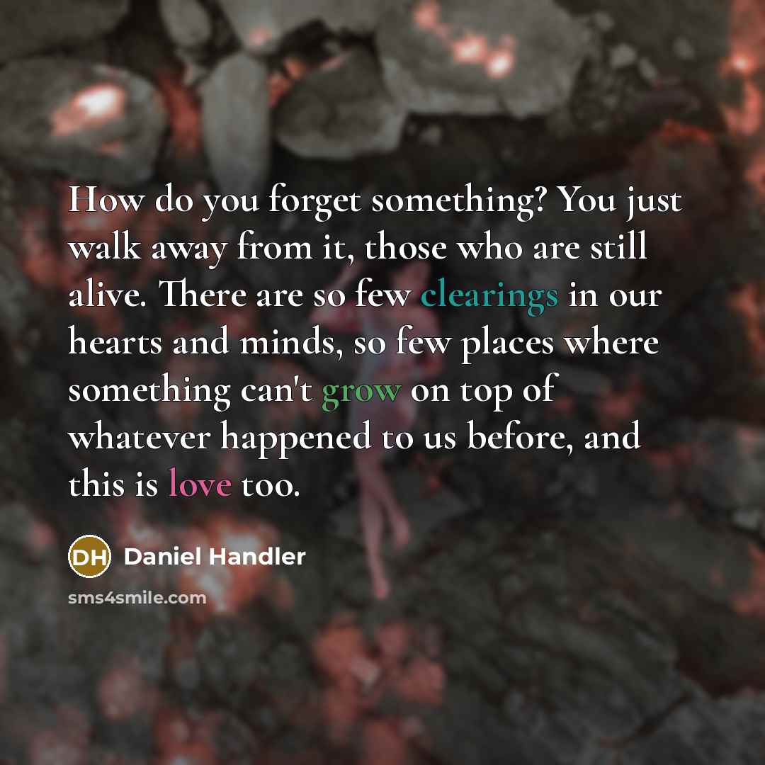 “How do you forget something? You just walk away from it, those who are still alive. There are so few clearings in our hearts and minds, so few places where something can't grow on top of whatever happened to us before, and this is love too.” quote by Daniel Handler