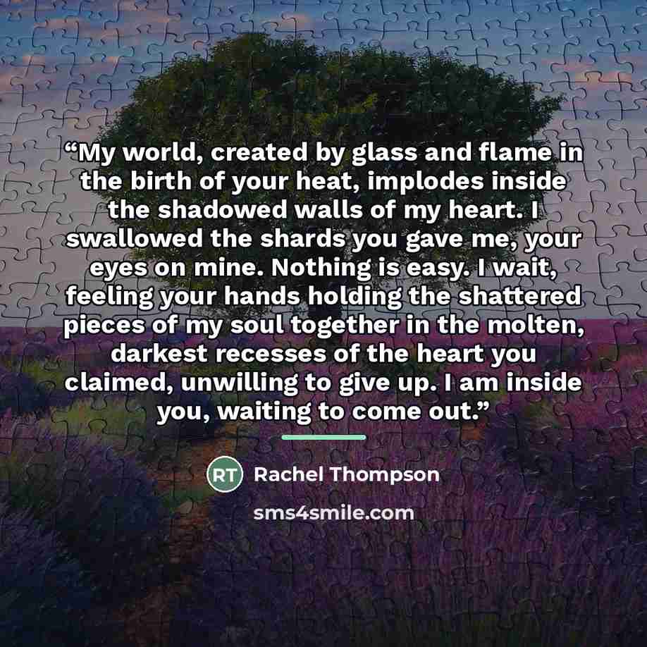 “My world, created by glass and flame in the birth of your heat, implodes inside the shadowed walls of my heart. I swallowed the shards you gave me, your eyes on mine. Nothing is easy. I wait, feeling your hands holding the shattered pieces of my soul together in the molten, darkest recesses of the…” quote by Rachel Thompson