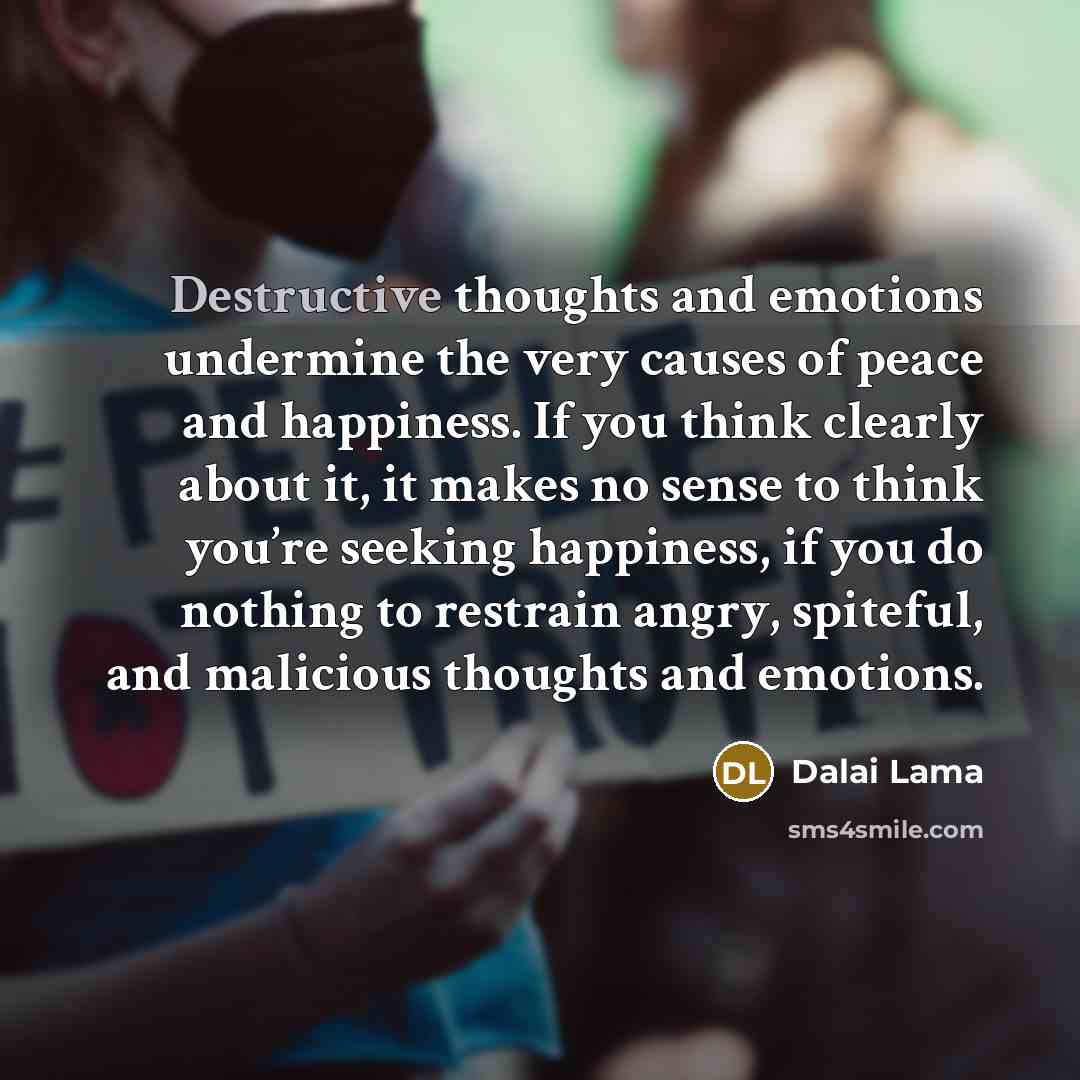 “Destructive thoughts and emotions undermine the very causes of peace and happiness. If you think clearly about it, it makes no sense to think you’re seeking happiness, if you do nothing to restrain angry, spiteful, and malicious thoughts and emotions.” quote by Dalai Lama