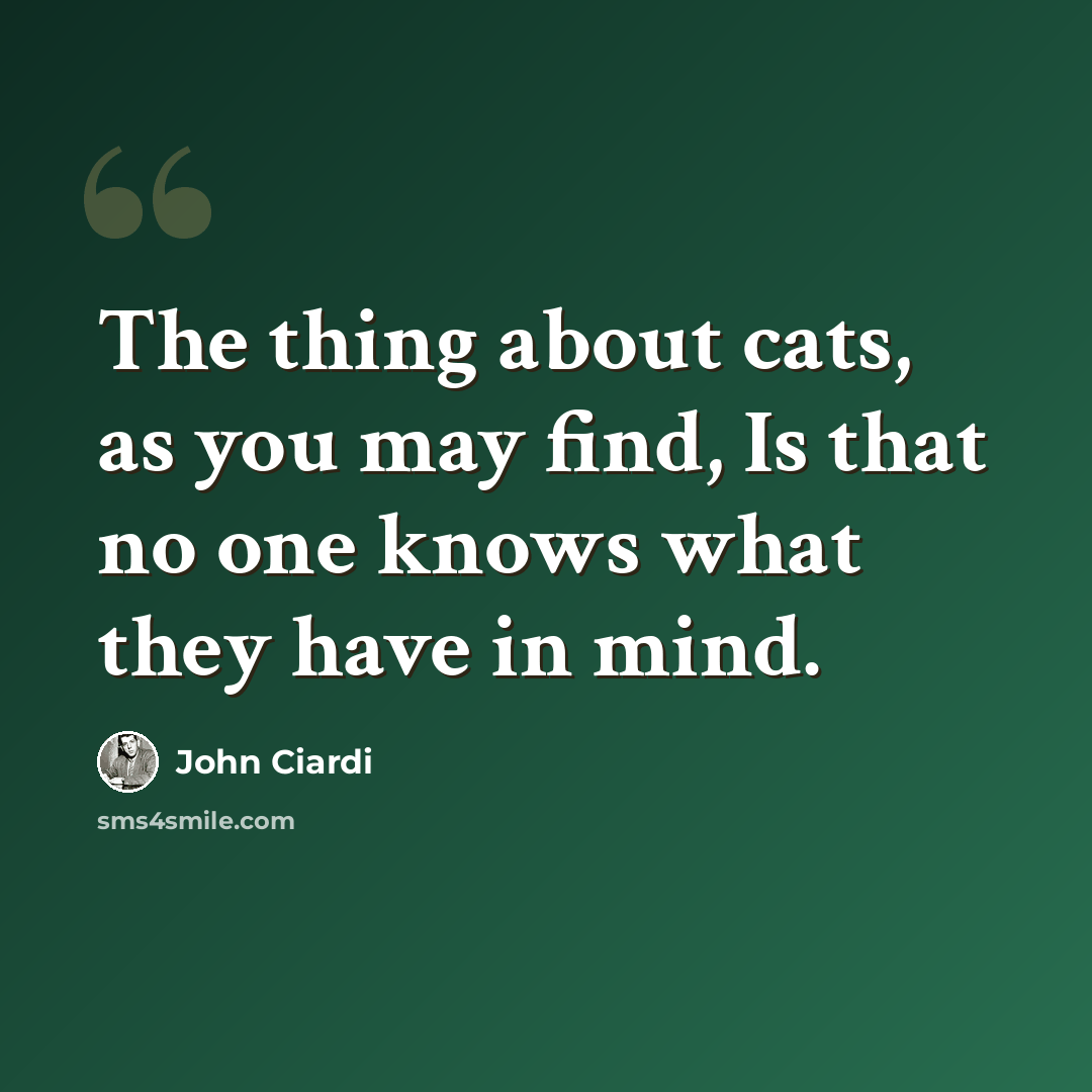 “The thing about cats, as you may find, Is that no one knows what they have in mind.” quote by John Ciardi