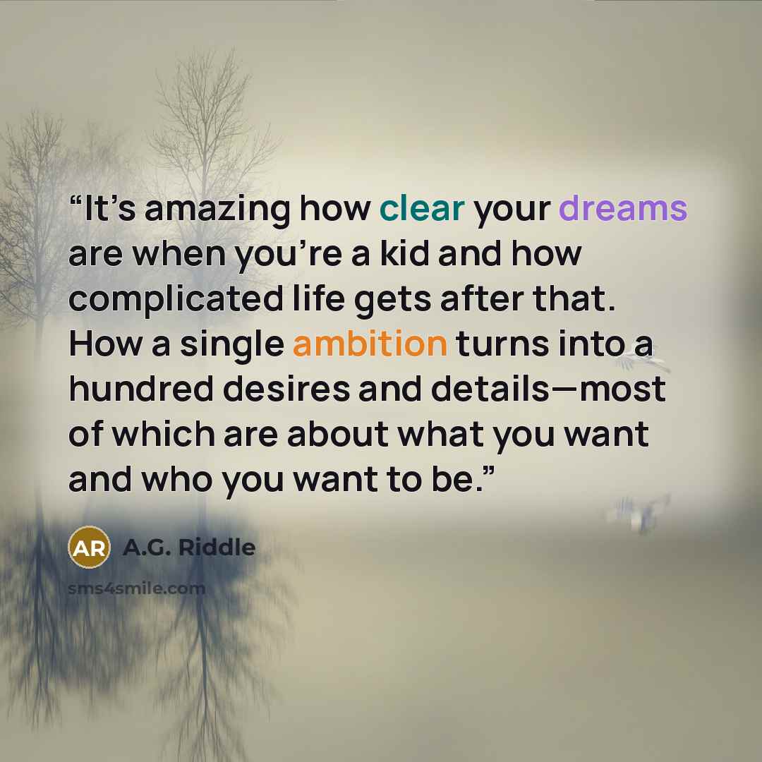 “It’s amazing how clear your dreams are when you’re a kid and how complicated life gets after that. How a single ambition turns into a hundred desires and details—most of which are about what you want and who you want to be.” quote by A.G. Riddle