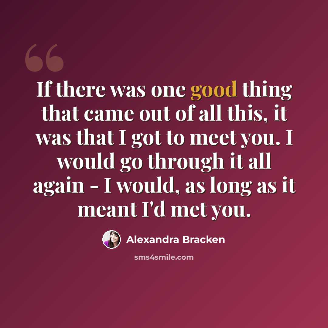 “If there was one good thing that came out of all this, it was that I got to meet you. I would go through it all again - I would, as long as it meant I'd met you.” quote by Alexandra Bracken