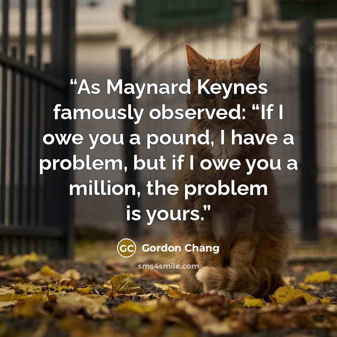 “As Maynard Keynes famously observed: “If I owe you a pound, I have a problem, but if I owe you a million, the problem is yours.” quote by Gordon Chang
