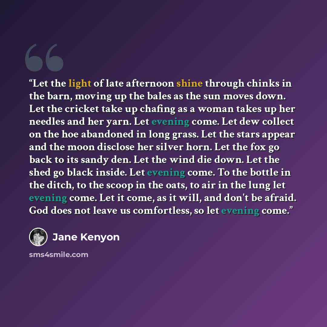 “Let the light of late afternoon shine through chinks in the barn, moving up the bales as the sun moves down. Let the cricket take up chafing as a woman takes up her needles and her yarn. Let evening come. Let dew collect on the hoe abandoned in long grass. Let the stars appear and the moon…” quote by Jane Kenyon