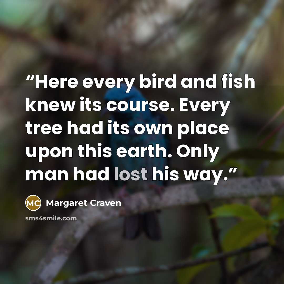 “Here every bird and fish knew its course. Every tree had its own place upon this earth. Only man had lost his way.” quote by Margaret Craven