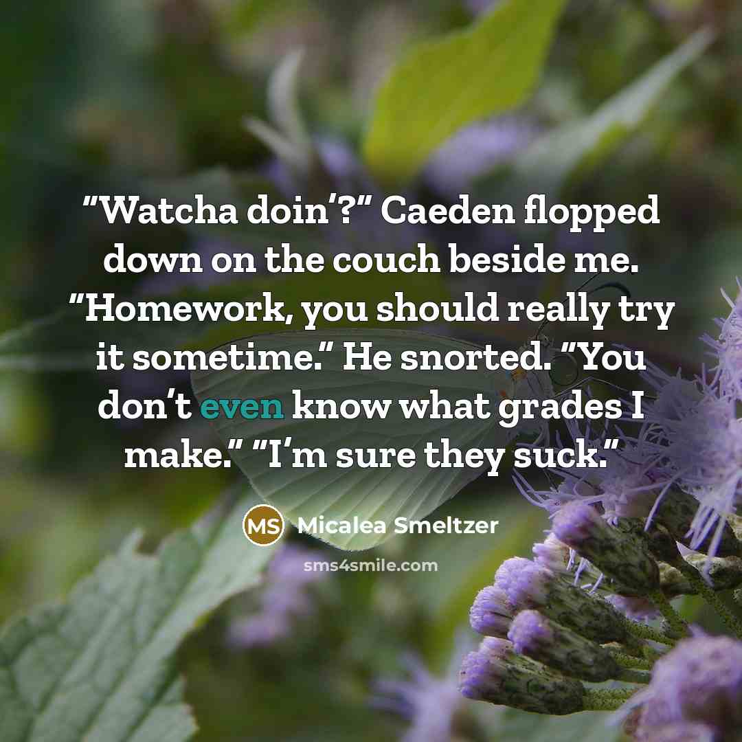 “Watcha doin’?” Caeden flopped down on the couch beside me. “Homework, you should really try it sometime.” He snorted. “You don’t even know what grades I make.” “I’m sure they suck.” quote by Micalea Smeltzer