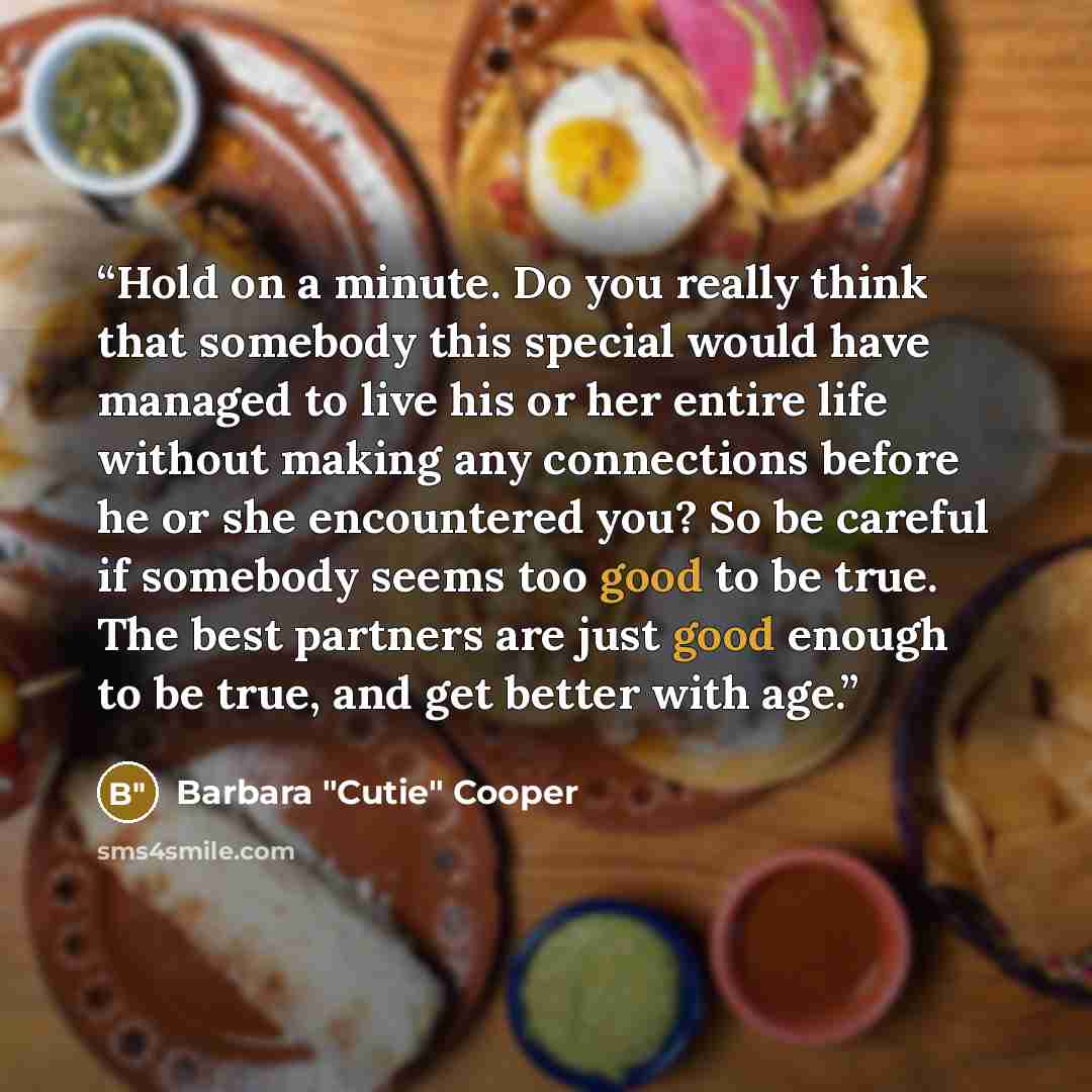 “Hold on a minute. Do you really think that somebody this special would have managed to live his or her entire life without making any connections before he or she encountered you? So be careful if somebody seems too good to be true. The best partners are just good enough to be true, and get better…” quote by Barbara "Cutie" Cooper