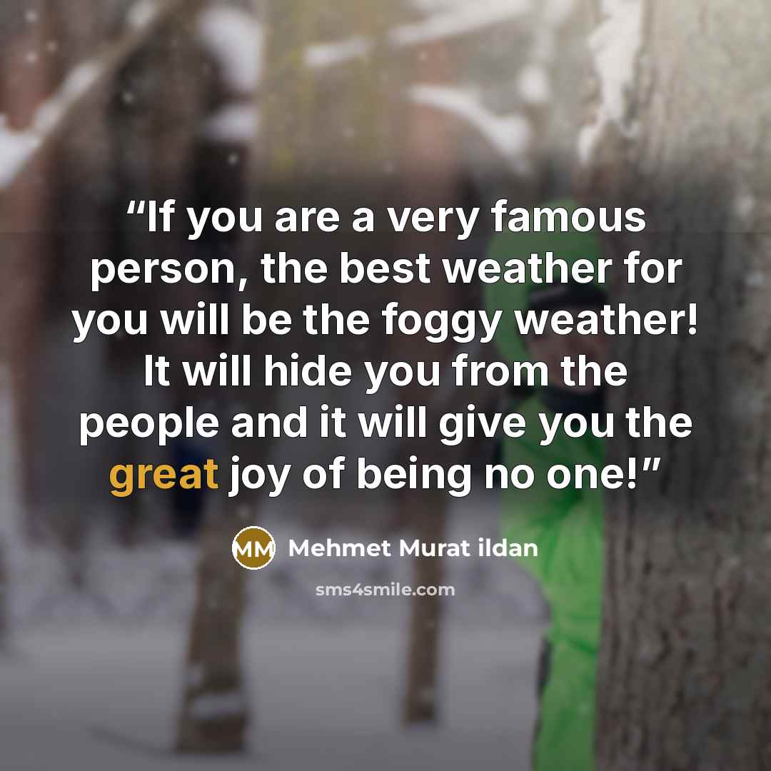 “If you are a very famous person, the best weather for you will be the foggy weather! It will hide you from the people and it will give you the great joy of being no one!” quote by Mehmet Murat ildan