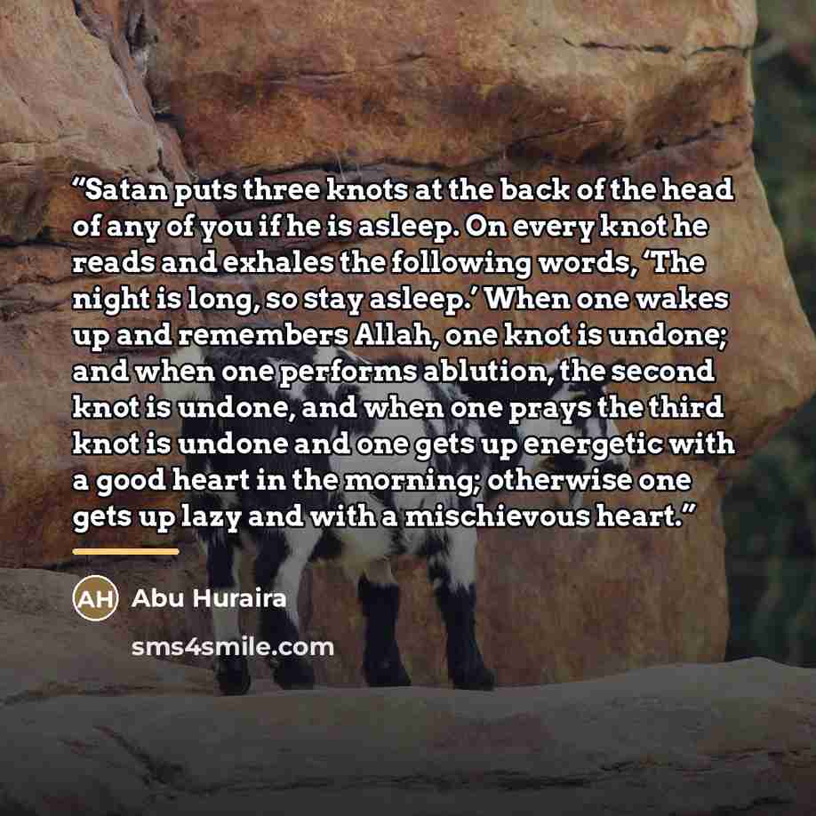“Satan puts three knots at the back of the head of any of you if he is asleep. On every knot he reads and exhales the following words, ‘The night is long, so stay asleep.’ When one wakes up and remembers Allah, one knot is undone; and when one performs ablution, the second knot is undone, and when…” quote by Abu Huraira