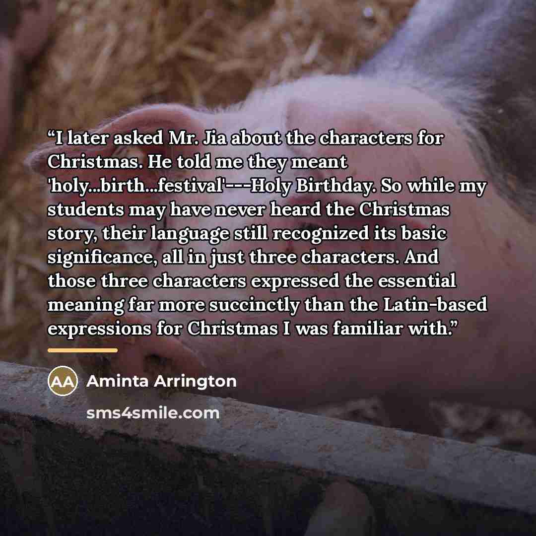 “I later asked Mr. Jia about the characters for Christmas. He told me they meant 'holy...birth...festival'---Holy Birthday. So while my students may have never heard the Christmas story, their language still recognized its basic significance, all in just three characters. And those three characters…” quote by Aminta Arrington
