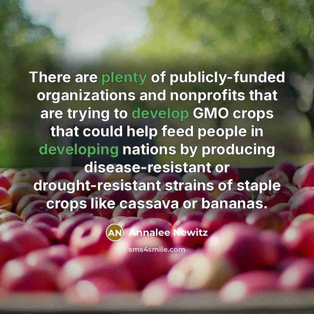 “There are plenty of publicly-funded organizations and nonprofits that are trying to develop GMO crops that could help feed people in developing nations by producing disease-resistant or drought-resistant strains of staple crops like cassava or bananas.” quote by Annalee Newitz