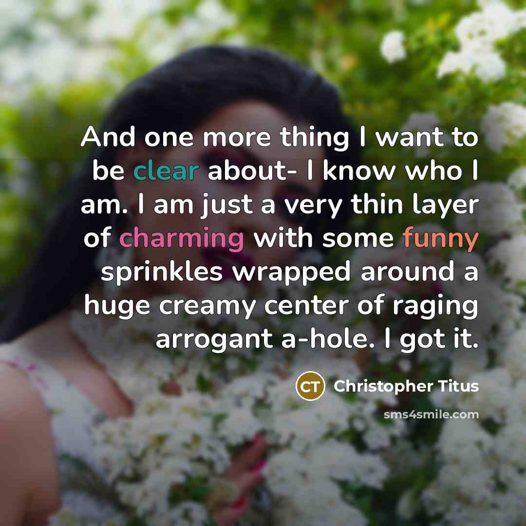 “And one more thing I want to be clear about- I know who I am. I am just a very thin layer of charming with some funny sprinkles wrapped around a huge creamy center of raging arrogant a-hole. I got it.” quote by Christopher Titus