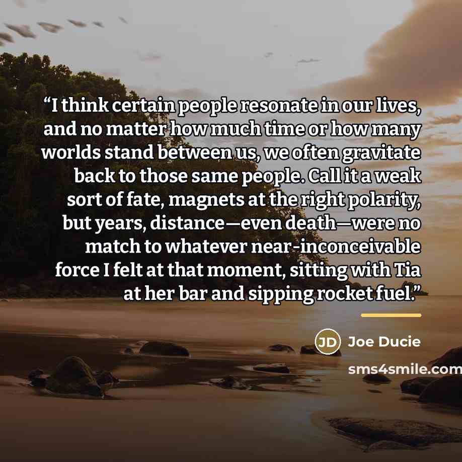 “I think certain people resonate in our lives, and no matter how much time or how many worlds stand between us, we often gravitate back to those same people. Call it a weak sort of fate, magnets at the right polarity, but years, distance—even death—were no match to whatever near-inconceivable force…” quote by Joe Ducie