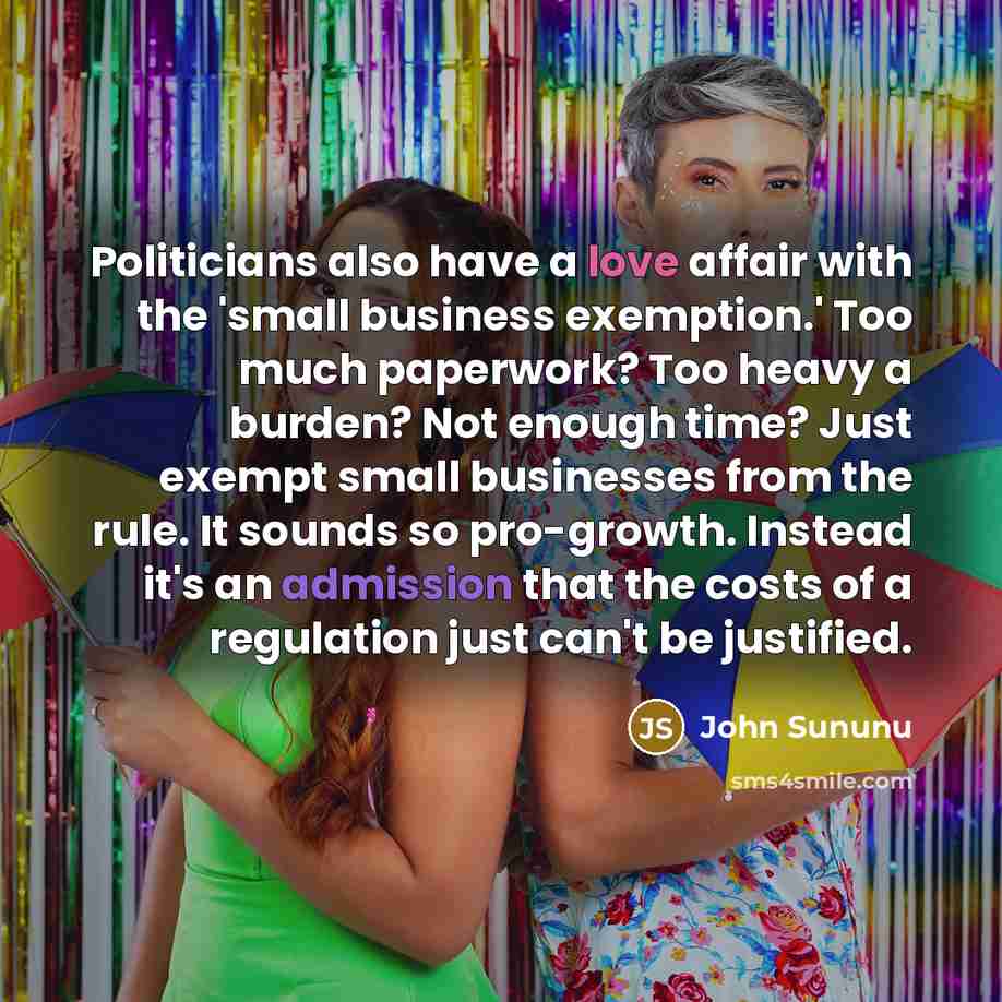 “Politicians also have a love affair with the 'small business exemption.' Too much paperwork? Too heavy a burden? Not enough time? Just exempt small businesses from the rule. It sounds so pro-growth. Instead it's an admission that the costs of a regulation just can't be justified.” quote by John Sununu
