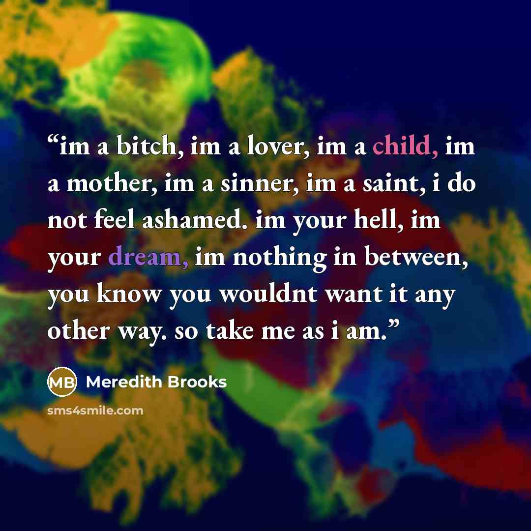 “im a bitch, im a lover, im a child, im a mother, im a sinner, im a saint, i do not feel ashamed. im your hell, im your dream, im nothing in between, you know you wouldnt want it any other way. so take me as i am.” quote by Meredith Brooks