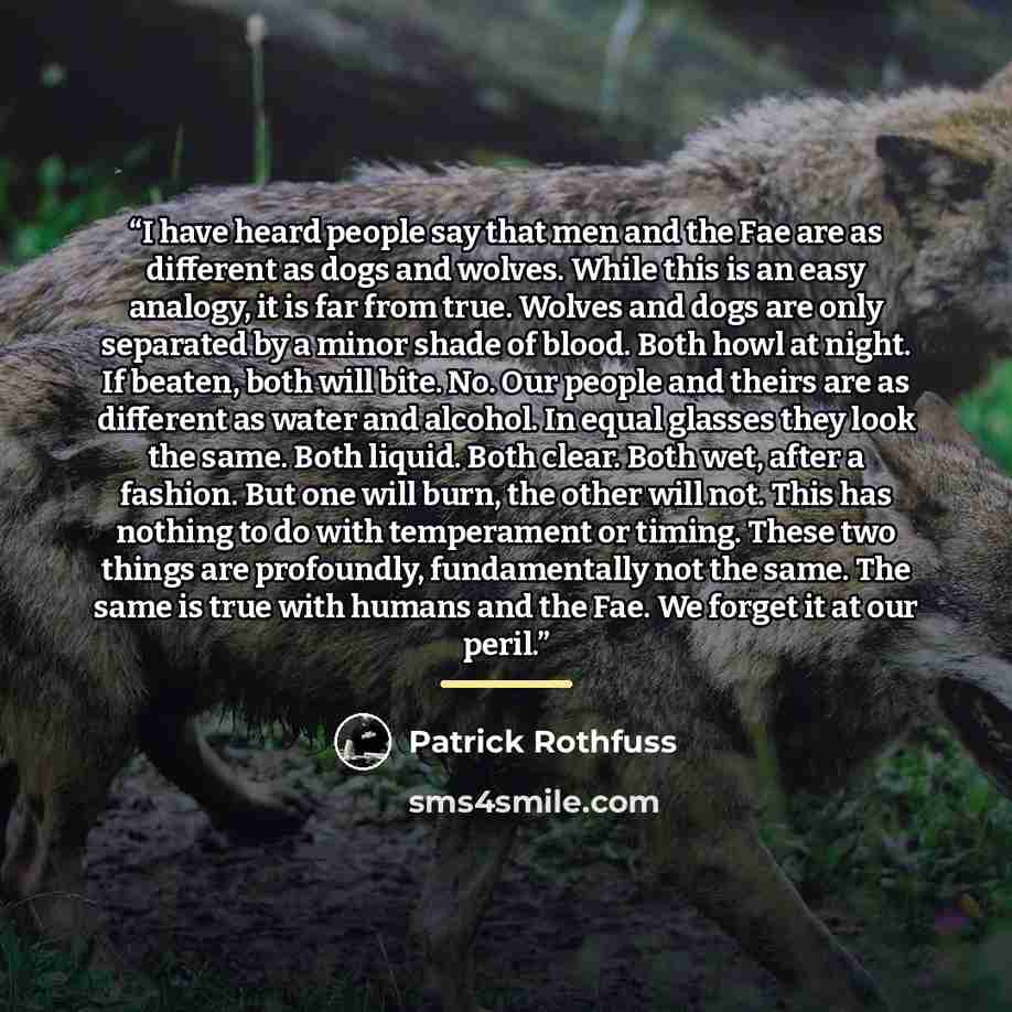 “I have heard people say that men and the Fae are as different as dogs and wolves. While this is an easy analogy, it is far from true. Wolves and dogs are only separated by a minor shade of blood. Both howl at night. If beaten, both will bite. No. Our people and theirs are as different as water and…” quote by Patrick Rothfuss