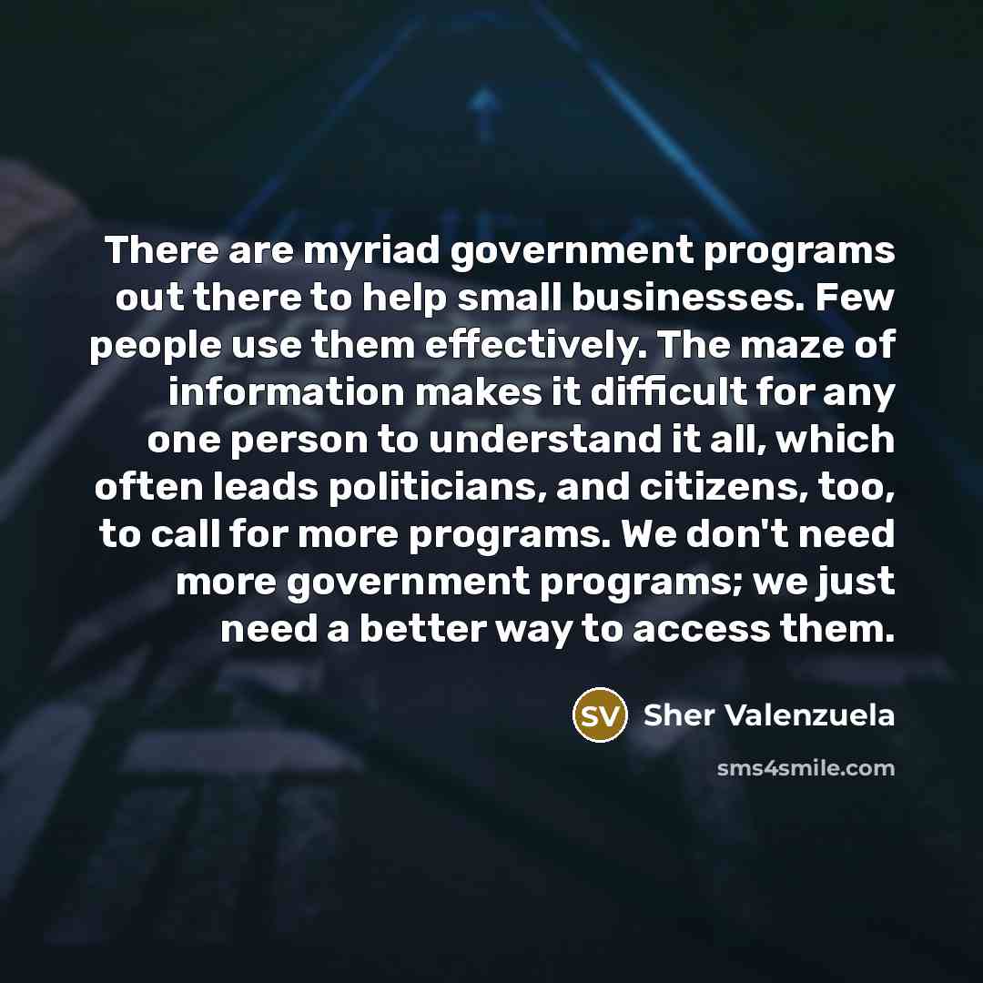 “There are myriad government programs out there to help small businesses. Few people use them effectively. The maze of information makes it difficult for any one person to understand it all, which often leads politicians, and citizens, too, to call for more programs. We don't need more government…” quote by Sher Valenzuela