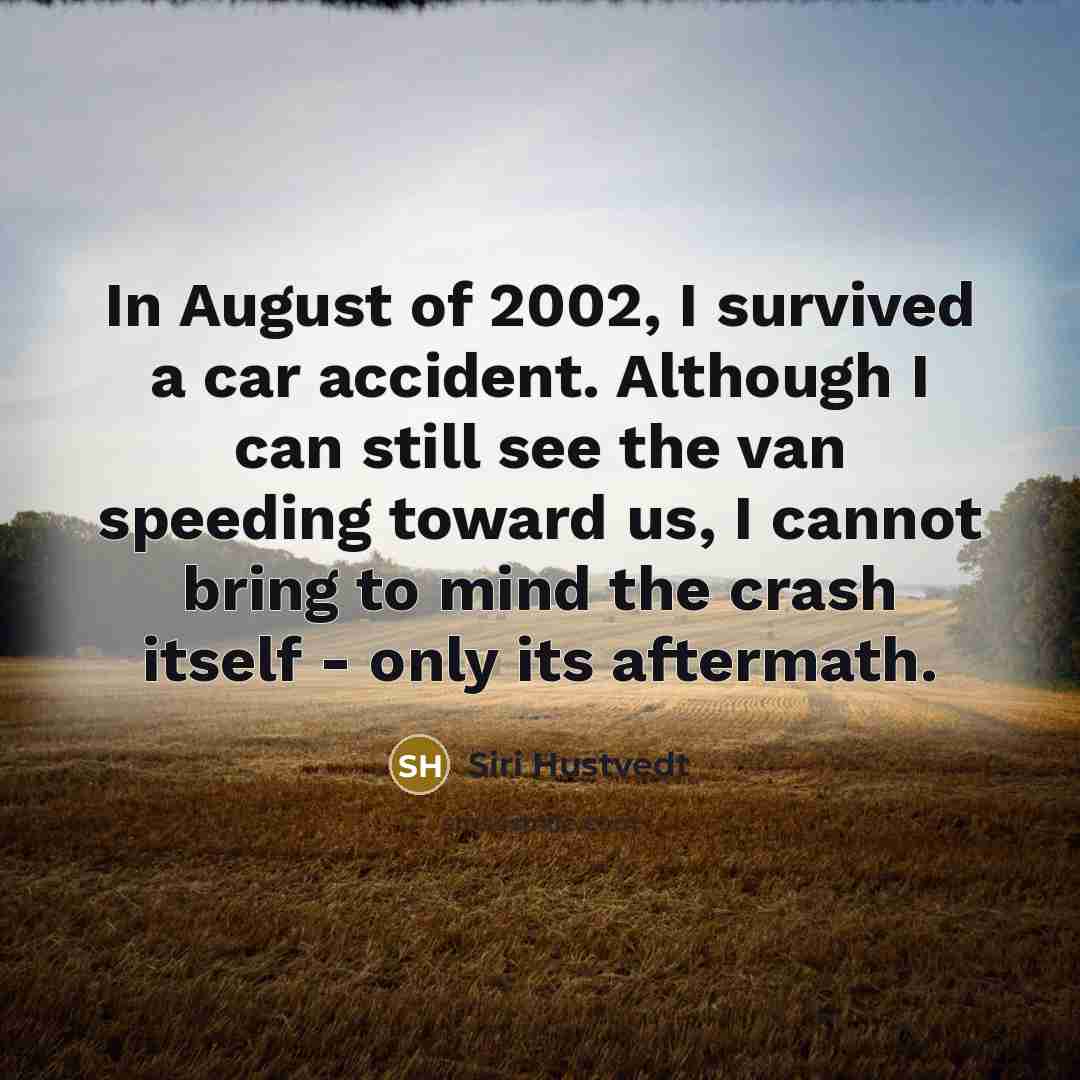 “In August of 2002, I survived a car accident. Although I can still see the van speeding toward us, I cannot bring to mind the crash itself - only its aftermath.” quote by Siri Hustvedt