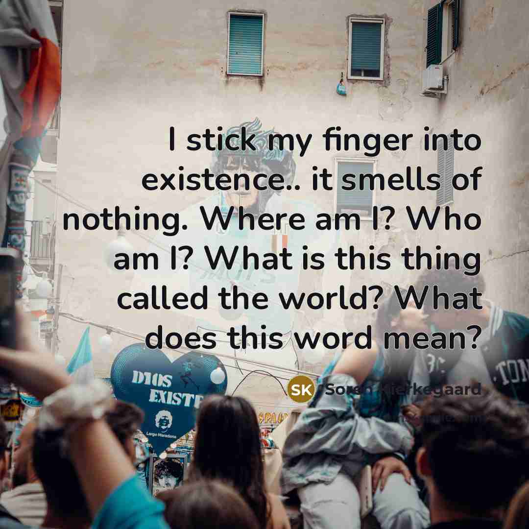 “I stick my finger into existence.. it smells of nothing. Where am I? Who am I? What is this thing called the world? What does this word mean?” quote by Soren Kierkegaard