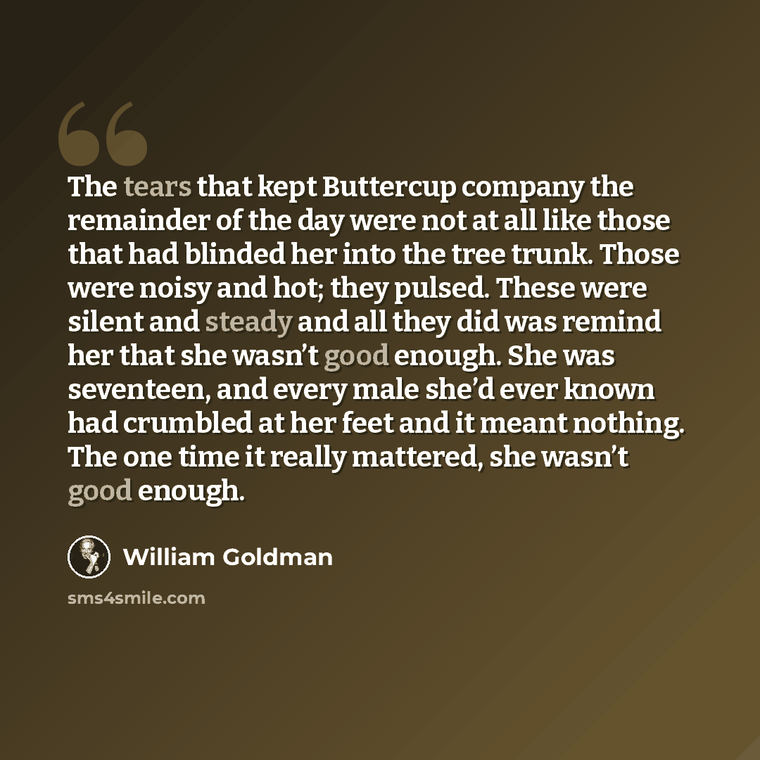 “The tears that kept Buttercup company the remainder of the day were not at all like those that had blinded her into the tree trunk. Those were noisy and hot; they pulsed. These were silent and steady and all they did was remind her that she wasn’t good enough. She was seventeen, and every male…” quote by William Goldman