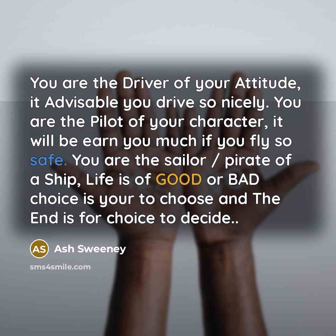 “You are the Driver of your Attitude, it Advisable you drive so nicely. You are the Pilot of your character, it will be earn you much if you fly so safe. You are the sailor / pirate of a Ship, Life is of GOOD or BAD choice is your to choose and The End is for choice to decide..” quote by Ash Sweeney