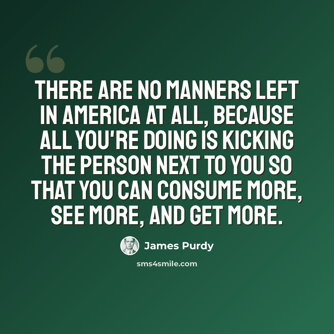 “There are no manners left in America at all, because all you're doing is kicking the person next to you so that you can consume more, see more, and get more.” quote by James Purdy