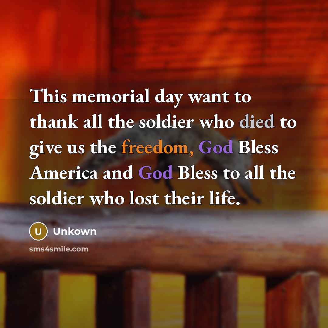 “This memorial day want to thank all the soldier who died to give us the freedom, God Bless America and God Bless to all the soldier who lost their life.” quote by Unkown