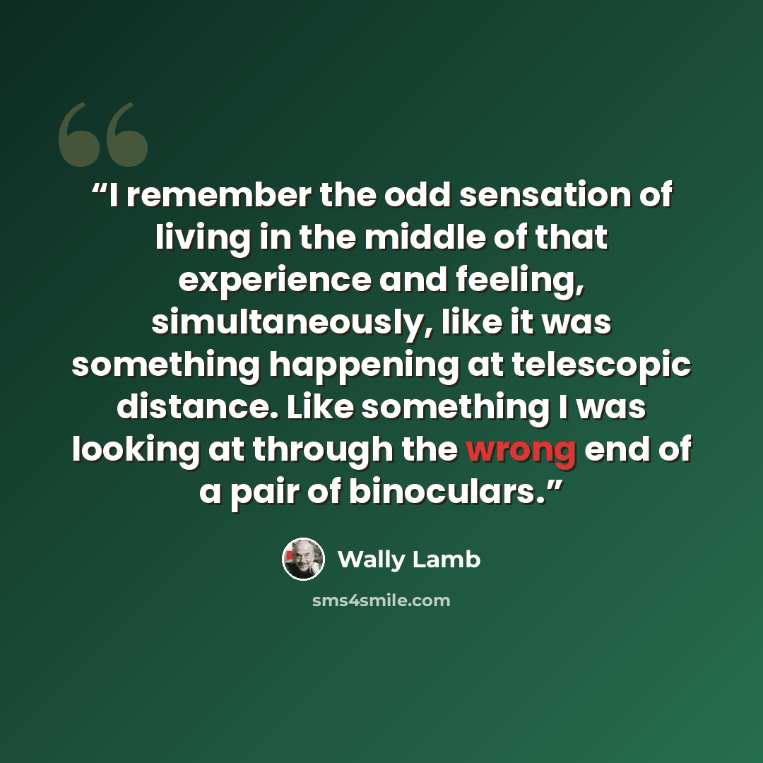 “I remember the odd sensation of living in the middle of that experience and feeling, simultaneously, like it was something happening at telescopic distance. Like something I was looking at through the wrong end of a pair of binoculars.” quote by Wally Lamb
