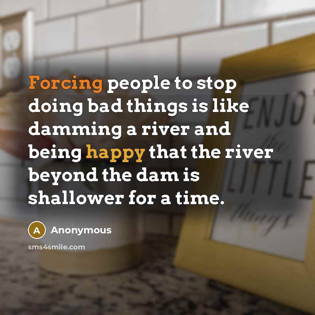 “Forcing people to stop doing bad things is like damming a river and being happy that the river beyond the dam is shallower for a time.” quote by Anonymous