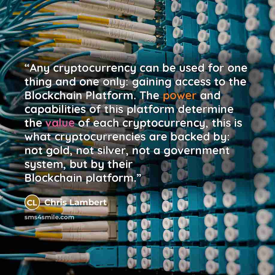 “Any cryptocurrency can be used for one thing and one only: gaining access to the Blockchain Platform. The power and capabilities of this platform determine the value of each cryptocurrency, this is what cryptocurrencies are backed by: not gold, not silver, not a government system, but by their…” quote by Chris Lambert