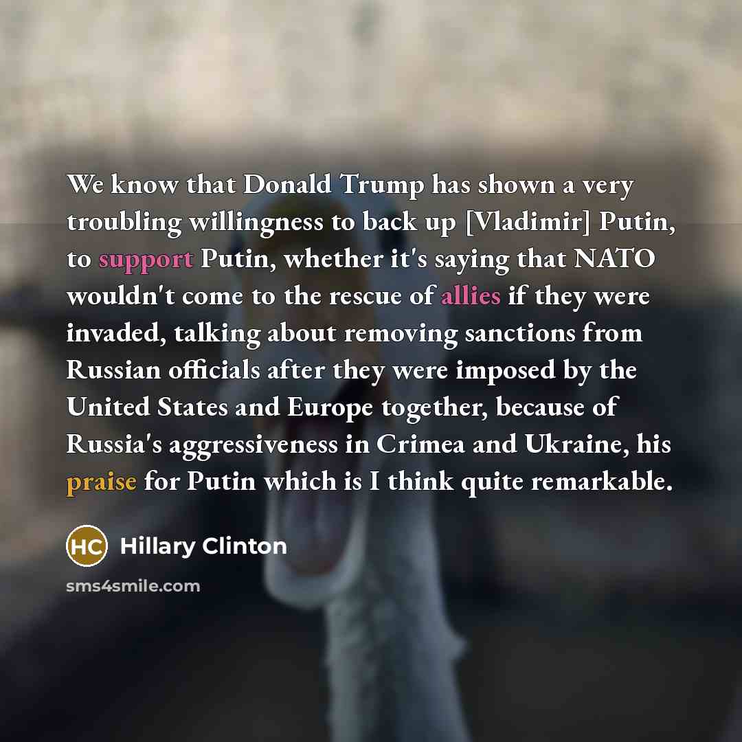 “We know that Donald Trump has shown a very troubling willingness to back up [Vladimir] Putin, to support Putin, whether it's saying that NATO wouldn't come to the rescue of allies if they were invaded, talking about removing sanctions from Russian officials after they were imposed by the United…” quote by Hillary Clinton