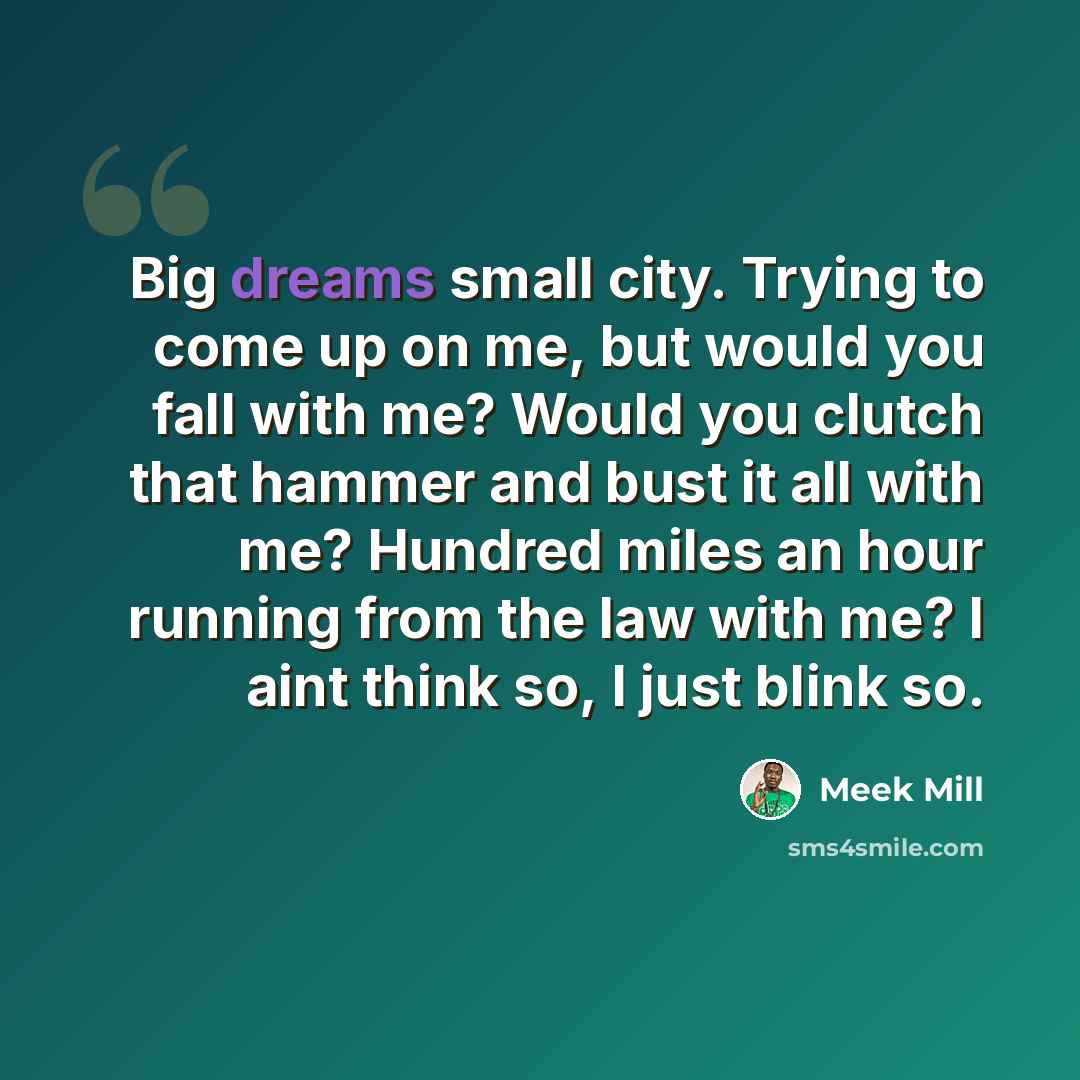 “Big dreams small city. Trying to come up on me, but would you fall with me? Would you clutch that hammer and bust it all with me? Hundred miles an hour running from the law with me? I aint think so, I just blink so.” quote by Meek Mill