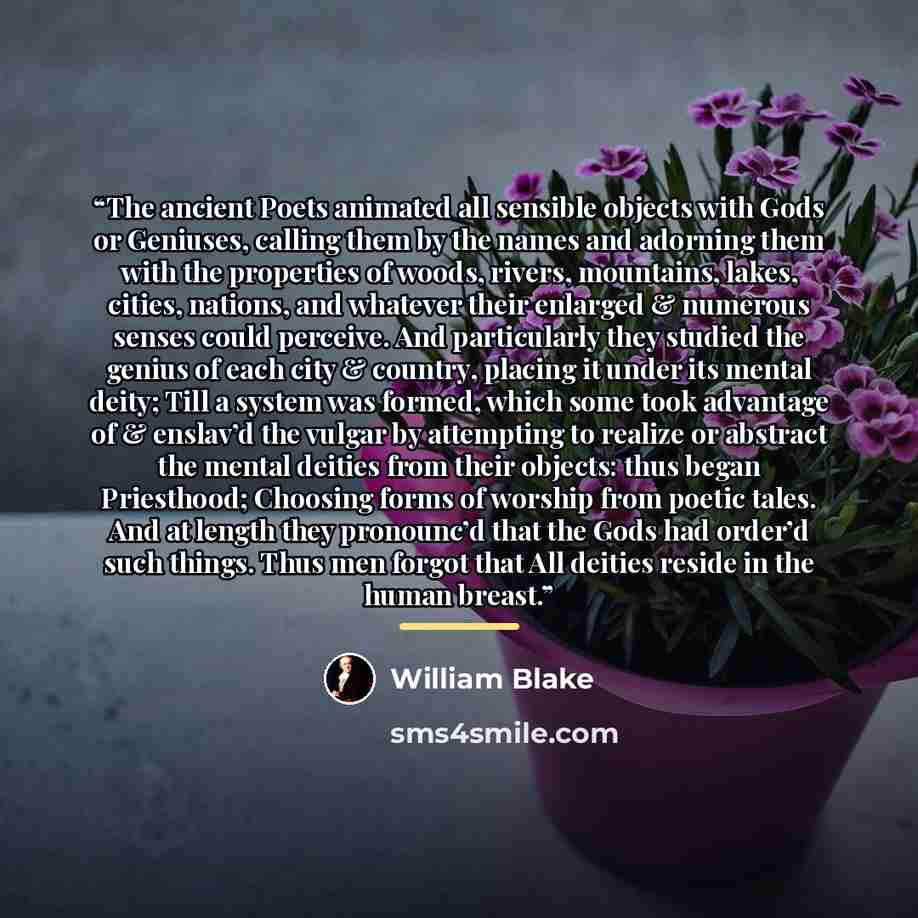 “The ancient Poets animated all sensible objects with Gods or Geniuses, calling them by the names and adorning them with the properties of woods, rivers, mountains, lakes, cities, nations, and whatever their enlarged & numerous senses could perceive. And particularly they studied the genius of each…” quote by William Blake