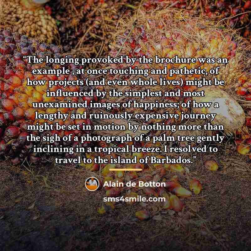 “The longing provoked by the brochure was an example , at once touching and pathetic, of how projects (and even whole lives) might be influenced by the simplest and most unexamined images of happiness; of how a lengthy and ruinously expensive journey might be set in motion by nothing more than the…” quote by Alain de Botton