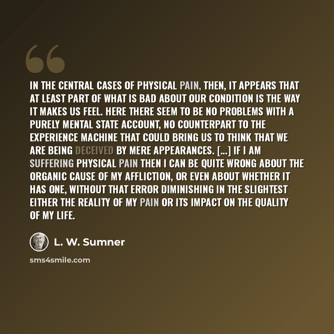 “In the central cases of physical pain, then, it appears that at least part of what is bad about our condition is the way it makes us feel. Here there seem to be no problems with a purely mental state account, no counterpart to the experience machine that could bring us to think that we are being…” quote by L. W. Sumner