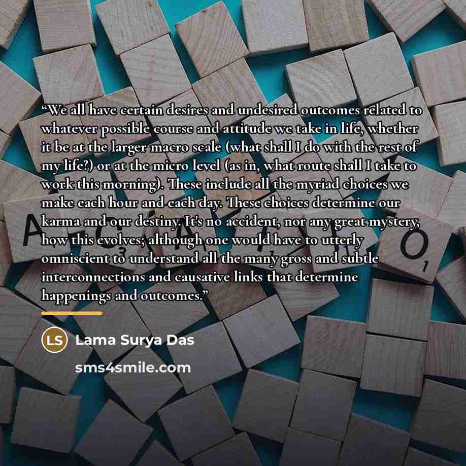“We all have certain desires and undesired outcomes related to whatever possible course and attitude we take in life, whether it be at the larger macro scale (what shall I do with the rest of my life?) or at the micro level (as in, what route shall I take to work this morning). These include all…” quote by Lama Surya Das