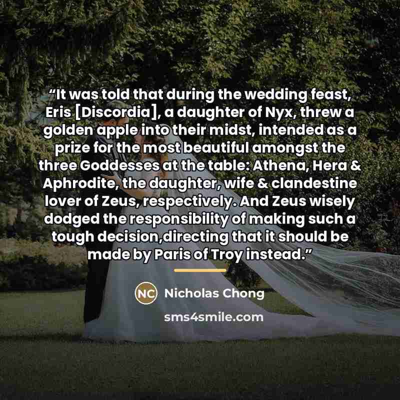 “It was told that during the wedding feast, Eris [Discordia], a daughter of Nyx, threw a golden apple into their midst, intended as a prize for the most beautiful amongst the three Goddesses at the table: Athena, Hera & Aphrodite, the daughter, wife & clandestine lover of Zeus, respectively. And…” quote by Nicholas Chong
