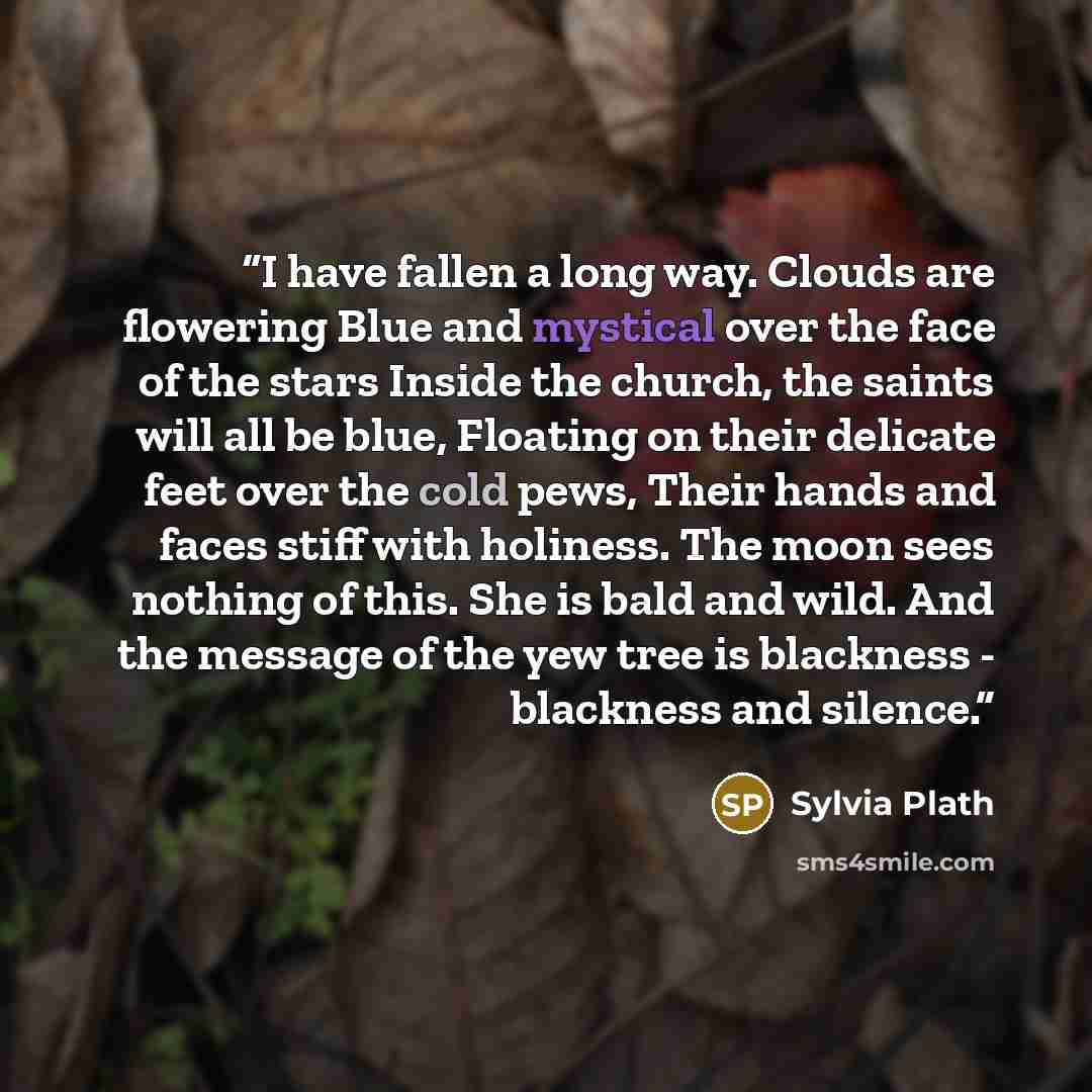 “I have fallen a long way. Clouds are flowering Blue and mystical over the face of the stars Inside the church, the saints will all be blue, Floating on their delicate feet over the cold pews, Their hands and faces stiff with holiness. The moon sees nothing of this. She is bald and wild. And the…” quote by Sylvia Plath