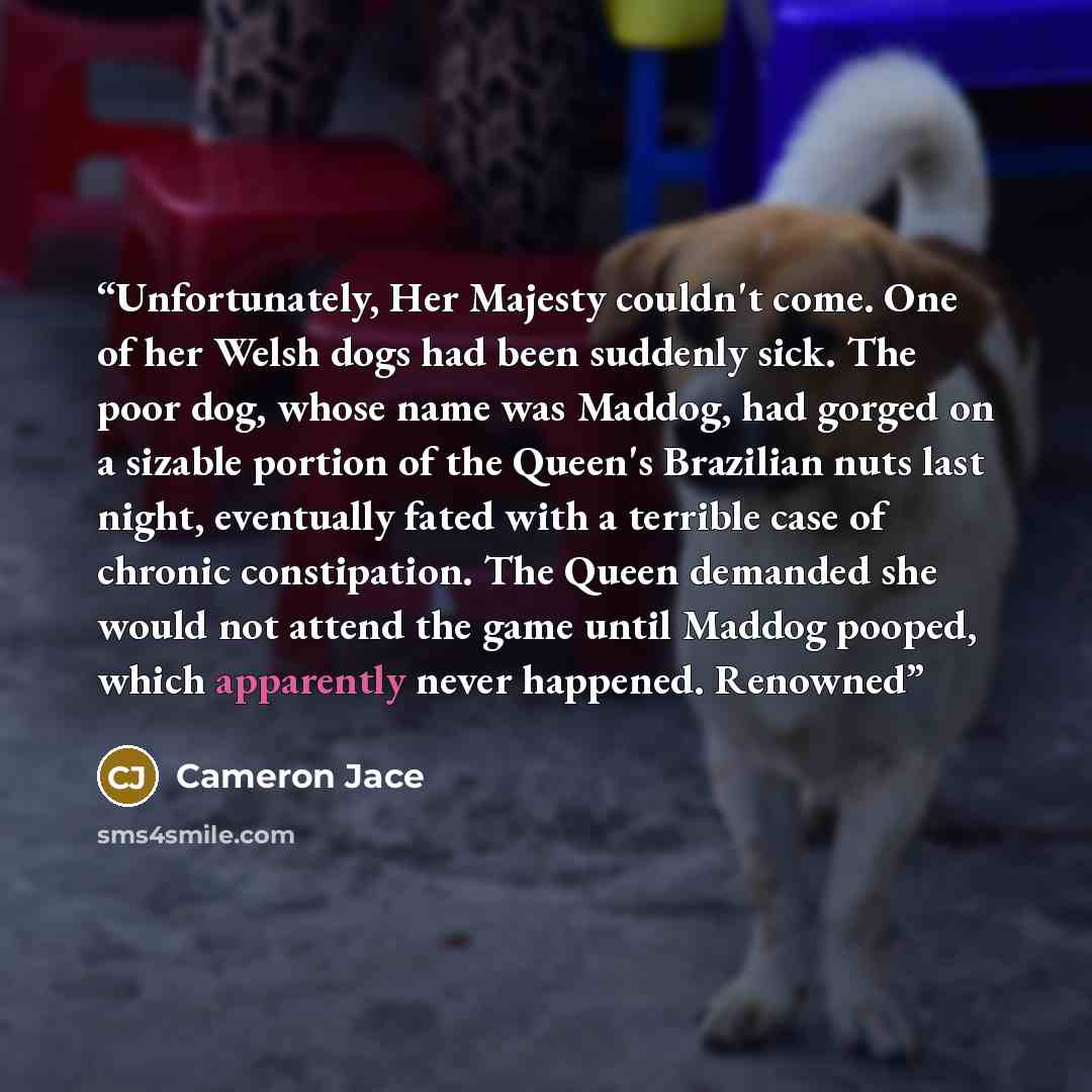 “Unfortunately, Her Majesty couldn't come. One of her Welsh dogs had been suddenly sick. The poor dog, whose name was Maddog, had gorged on a sizable portion of the Queen's Brazilian nuts last night, eventually fated with a terrible case of chronic constipation. The Queen demanded she would not…” quote by Cameron Jace