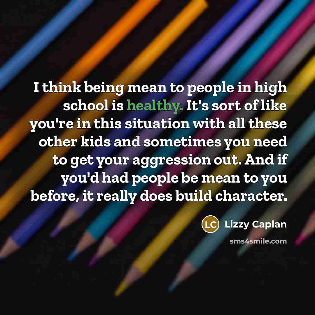 “I think being mean to people in high school is healthy. It's sort of like you're in this situation with all these other kids and sometimes you need to get your aggression out. And if you'd had people be mean to you before, it really does build character.” quote by Lizzy Caplan