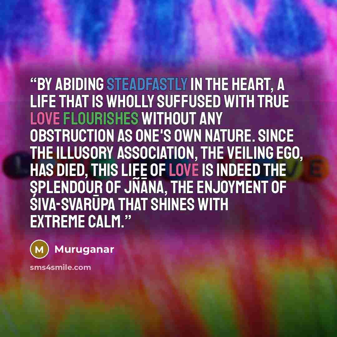 “By abiding steadfastly in the Heart, a life that is wholly suffused with true love flourishes without any obstruction as one's own nature. Since the illusory association, the veiling ego, has died, this life of love is indeed the splendour of jñāna, the enjoyment of Śiva-svarūpa that shines with…” quote by Muruganar