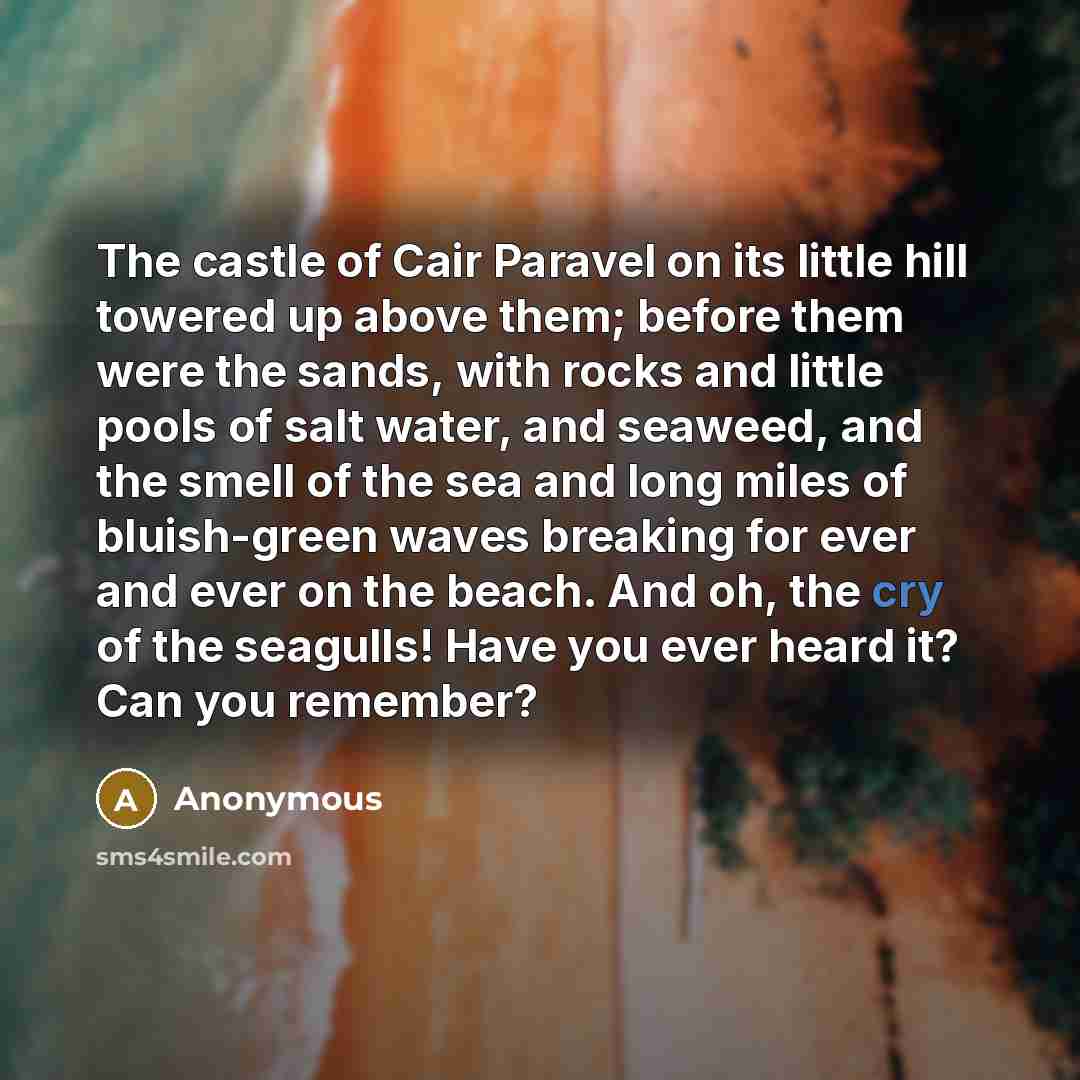 “The castle of Cair Paravel on its little hill towered up above them; before them were the sands, with rocks and little pools of salt water, and seaweed, and the smell of the sea and long miles of bluish-green waves breaking for ever and ever on the beach. And oh, the cry of the seagulls! Have you…” quote by Anonymous
