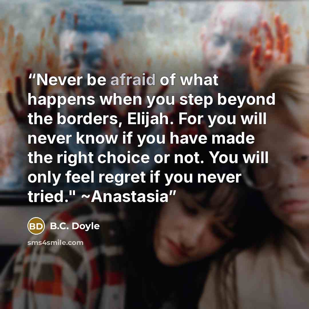 “Never be afraid of what happens when you step beyond the borders, Elijah. For you will never know if you have made the right choice or not. You will only feel regret if you never tried." ~Anastasia” quote by B.C. Doyle