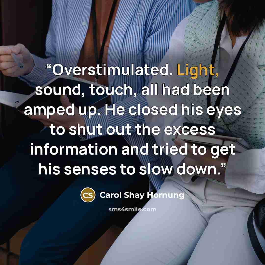 “Overstimulated. Light, sound, touch, all had been amped up. He closed his eyes to shut out the excess information and tried to get his senses to slow down.” quote by Carol Shay Hornung