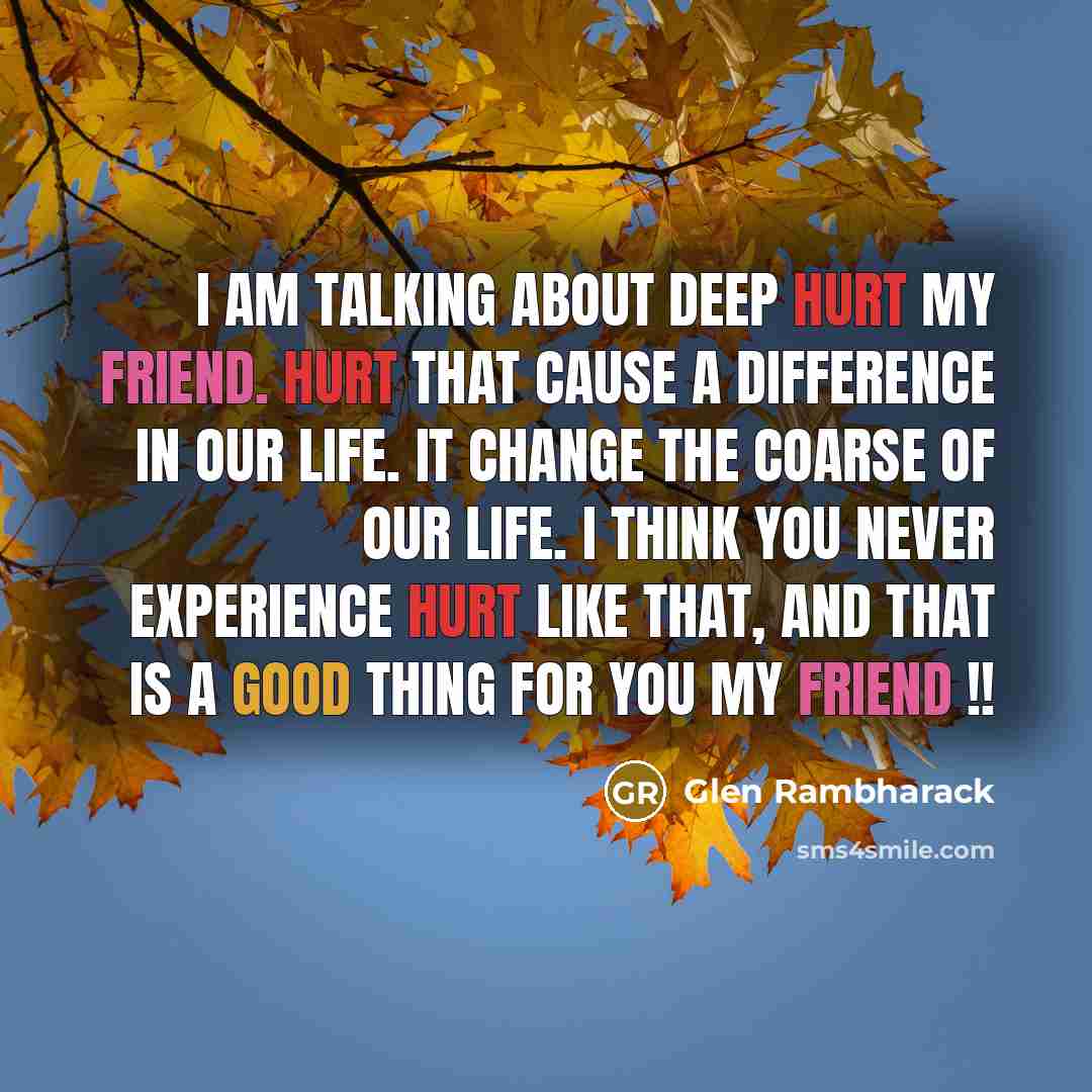 “I am talking about deep hurt my Friend. Hurt that cause A difference in our Life. It change the coarse of our life. I think you never experience hurt Like that, and that is A good thing for you my Friend !!” quote by Glen Rambharack