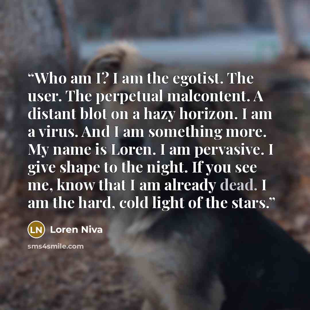 “Who am I? I am the egotist. The user. The perpetual malcontent. A distant blot on a hazy horizon. I am a virus. And I am something more. My name is Loren. I am pervasive. I give shape to the night. If you see me, know that I am already dead. I am the hard, cold light of the stars.” quote by Loren Niva